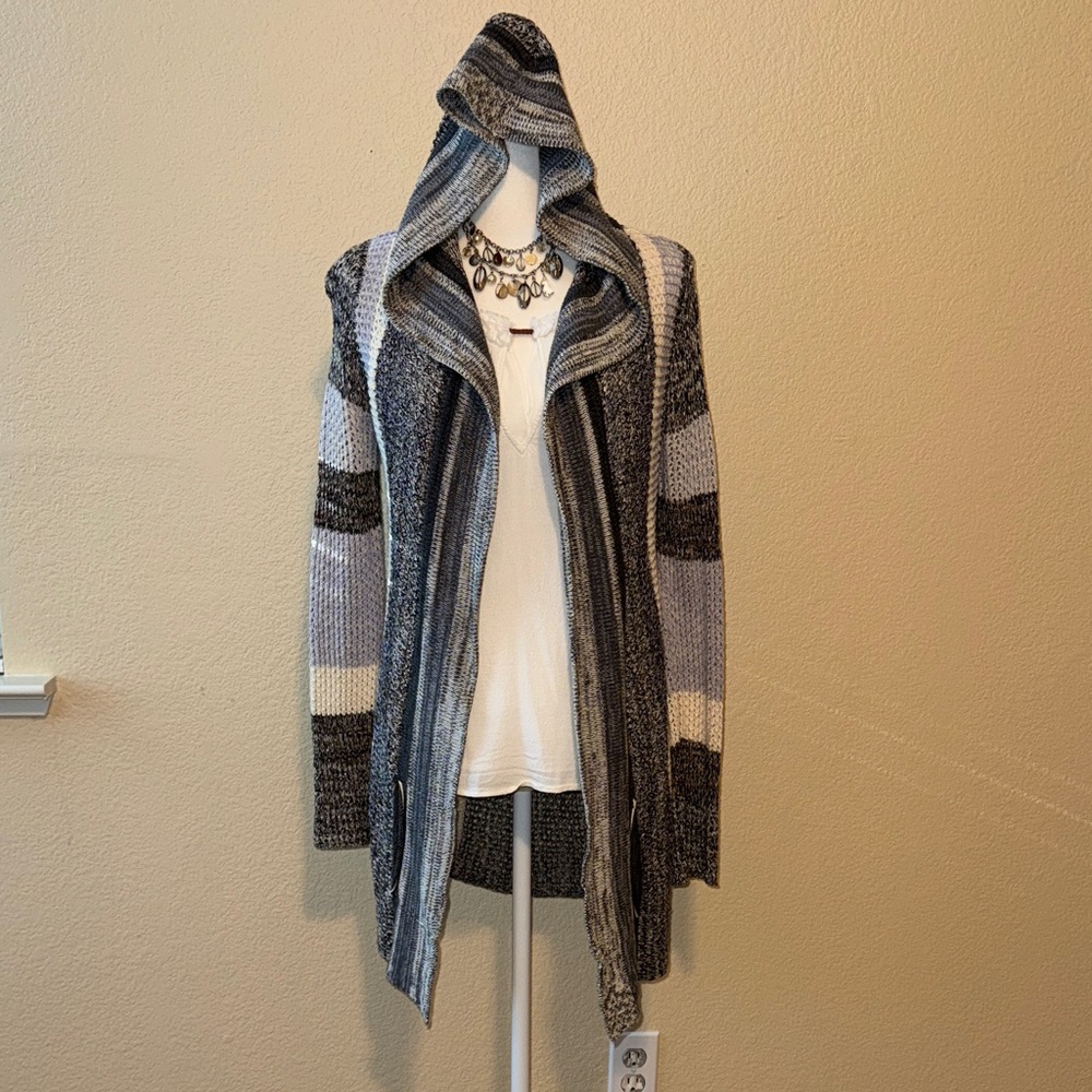 Cozy Striped Hooded Cardigan - Black, Gray, and Cream